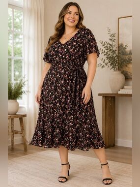 Lane Bryant Shimmer Floral Tie Waist Midi Dress Size 16 Flutter Sleeve Back Zip